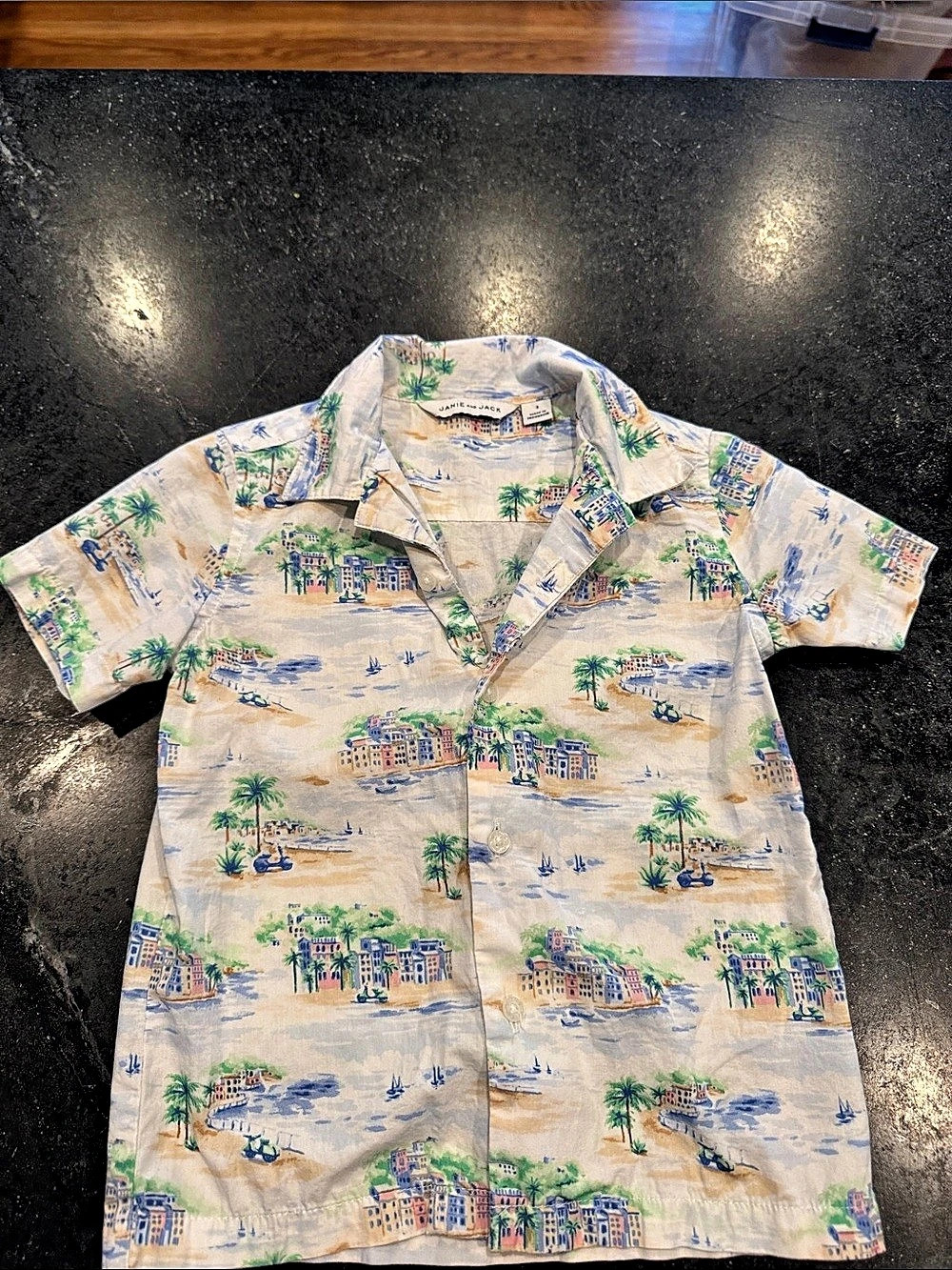 Janie and Jack Short Sleeve Button Down in Cream & Blue Size 3